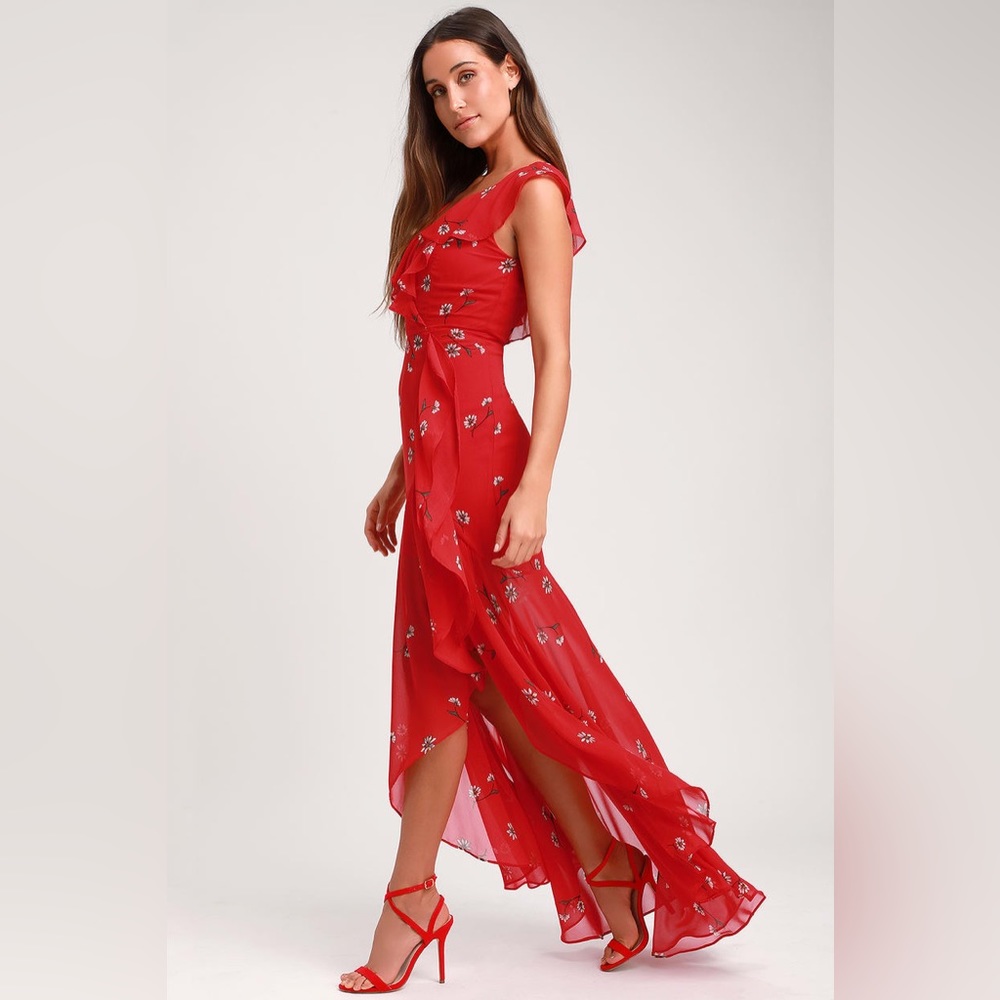 Lulus Floral Maxi Dress in Red Extra Small